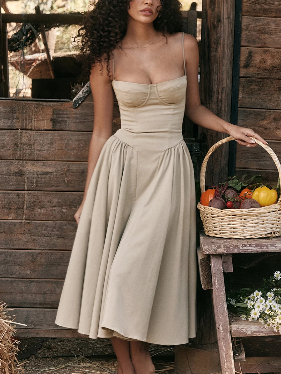 

Women s Lace-Up Back Maxi Dress Spaghetti Strap Sleeveless Flowy Summer A-line Gown with Zipper Closure