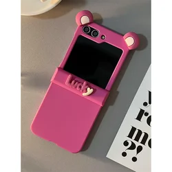 Cute Pink Bear Ear Lucky Phone Case - Cartoon Shockproof Cover with Hinge Protection for Galaxy Z Flip 5 (RosePink)