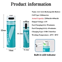 1.5V Constant Voltage USB C Rechargeable AA AAA Lithium Battery, 2200mAh AA 600mAh AAA Combo Pack, Fast Charging 1200 Cycle Life 4