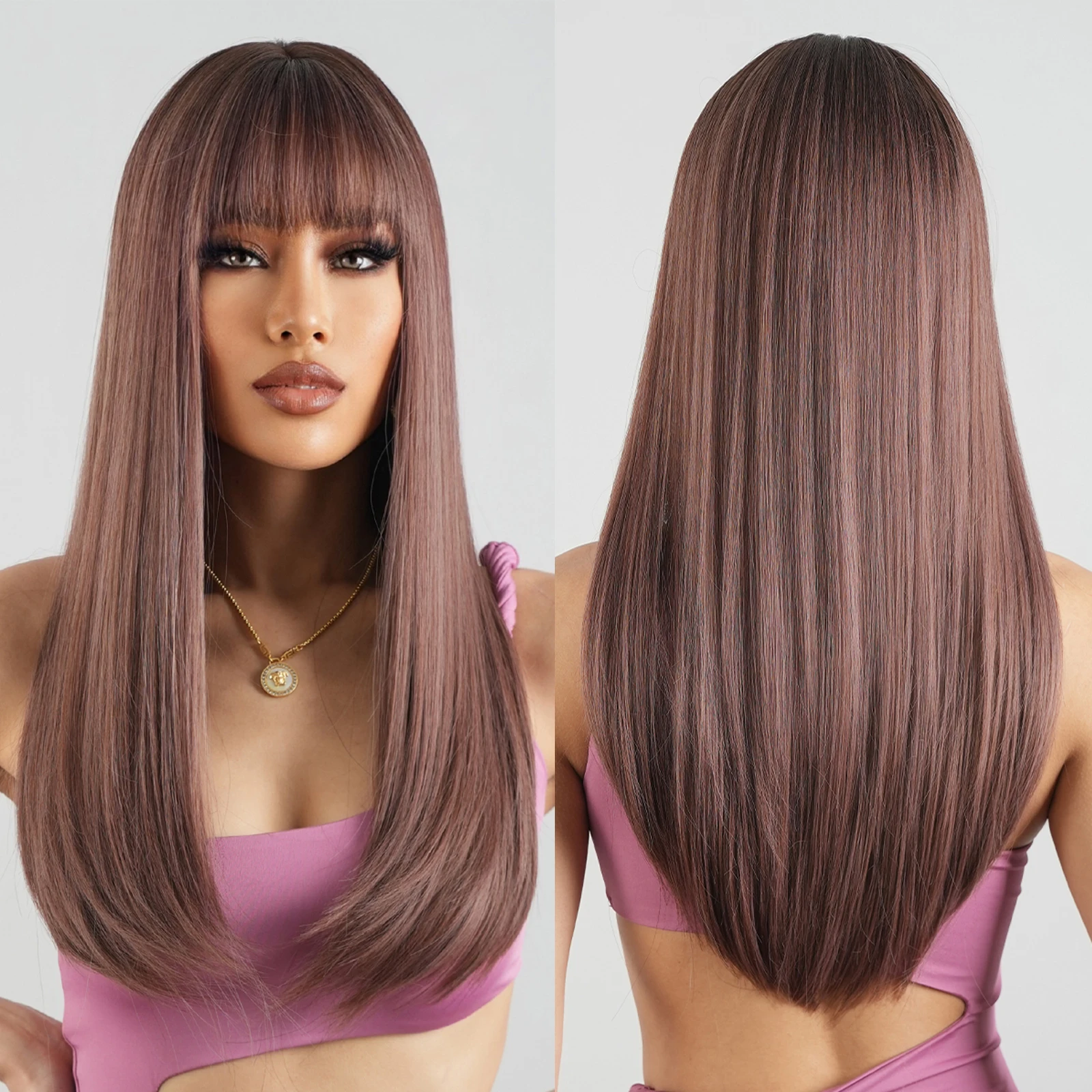 

Pink Light Purple Cosplay Synthetic Long Straight Wigs Brown Fake Hairs Wig with Full Bangs for Women Daily Party Heat Resistant