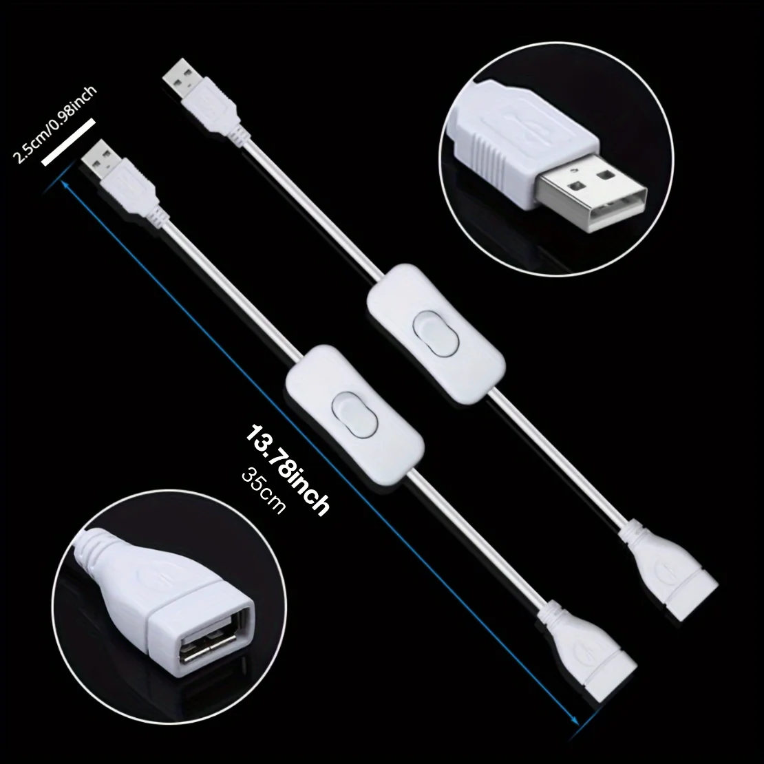 2pcs Male to Female USB Cable with On/Off Switch, USB Extension Inline Rocker Switch for LED Desk Lamp, LED Strip, Light Switch