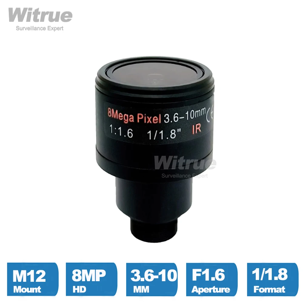 Vue latérale de l'objectif M12 Varifocal 3.6-10mm F1.6 4K 8MP, montrant la bague de zoom et le filetage M12.