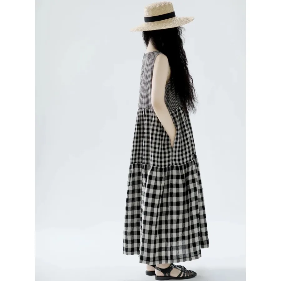 Loose Linen Summer Dr Svel Patchwork Vest Skirt adient Cheered Print n Sle Women's Faion Dr