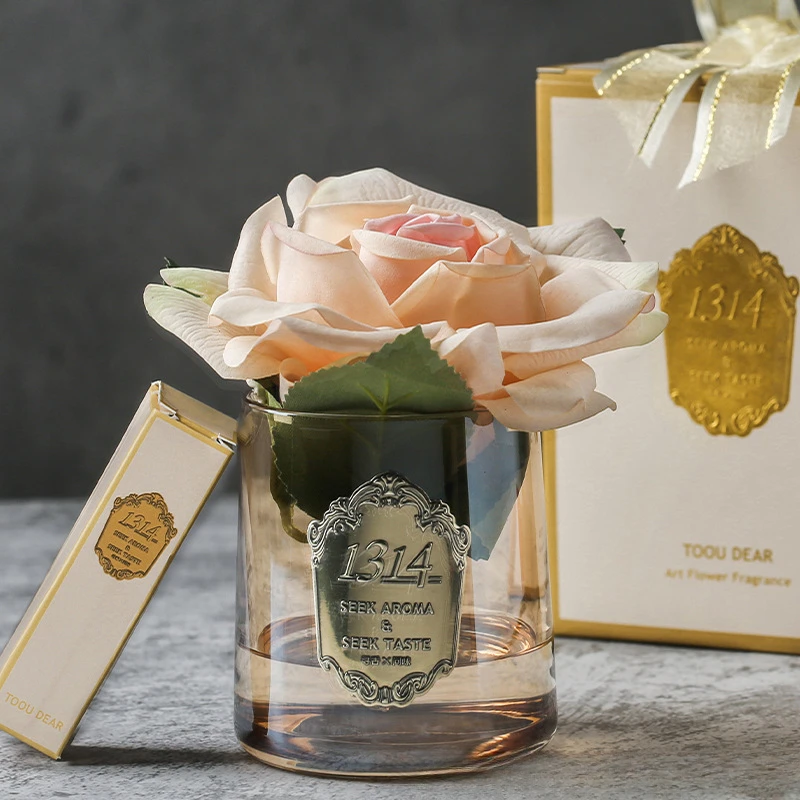 Artificial Rose Flower and Glass vase , Fake Silk Flower Glass Bottle Set with Fragrance Oil, Birthsday and Anniversary Gift