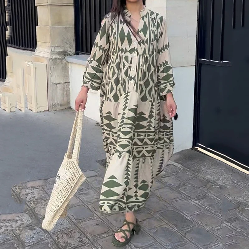 

Vintage Bohemian Print Women Dress Causal Loose V-Neck Single Breasted Shirt Long Dresses Fashion Elegant Ruched A-Line Dress