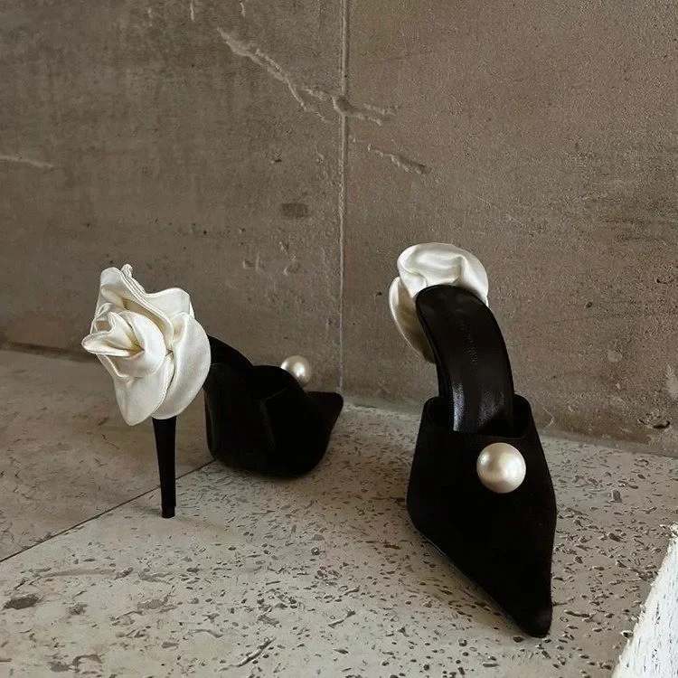 Black Satin High Heels Slippers New Spring and Summer Pearl High Heels Stiletto Heels Women's Stiletto Party White Rose Sandals