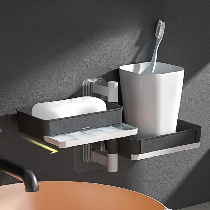 Rotary soap box Soap box perforation-free wall mounted drain storage rack multi-function dry and wet separation 3