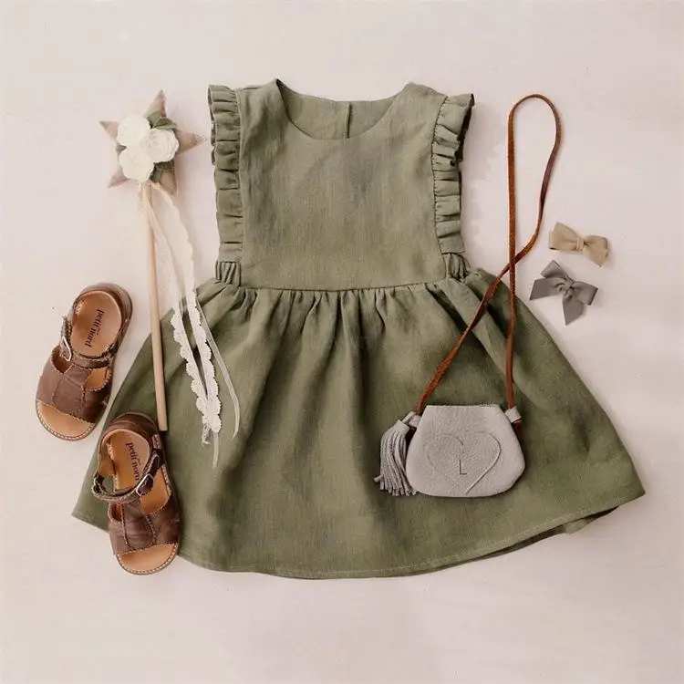Girl Summer Dress Cotton Linen Sleeveless Vest Skirt Pure Color Muslin Infant Child Clothing Causal Wear Ruffle Dresses 1-4Y cheap baby dresses Dresses