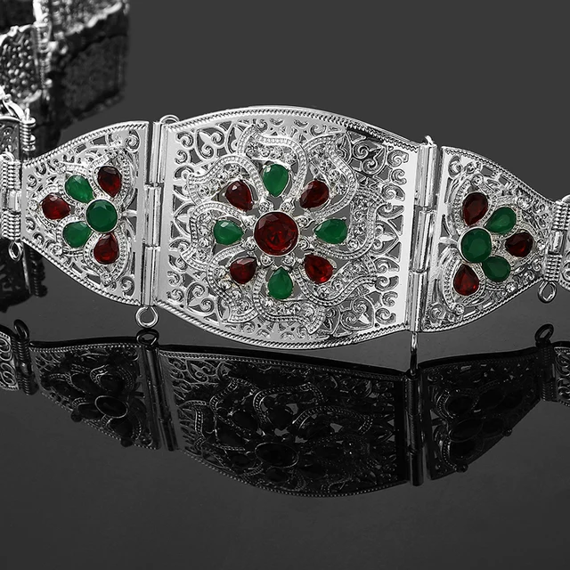 Morocco Women Caftan Belt Gold Color Red Green Stone Ethnic Wedding Dress Kaftan Abaya Metal Waist Chain Belt Jewelry silver 3