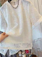 Ele Embroidered Lace irt ort Sve Loose Women's T-irt Spring Summer Faionable Korean Sle Casual round Ne Top