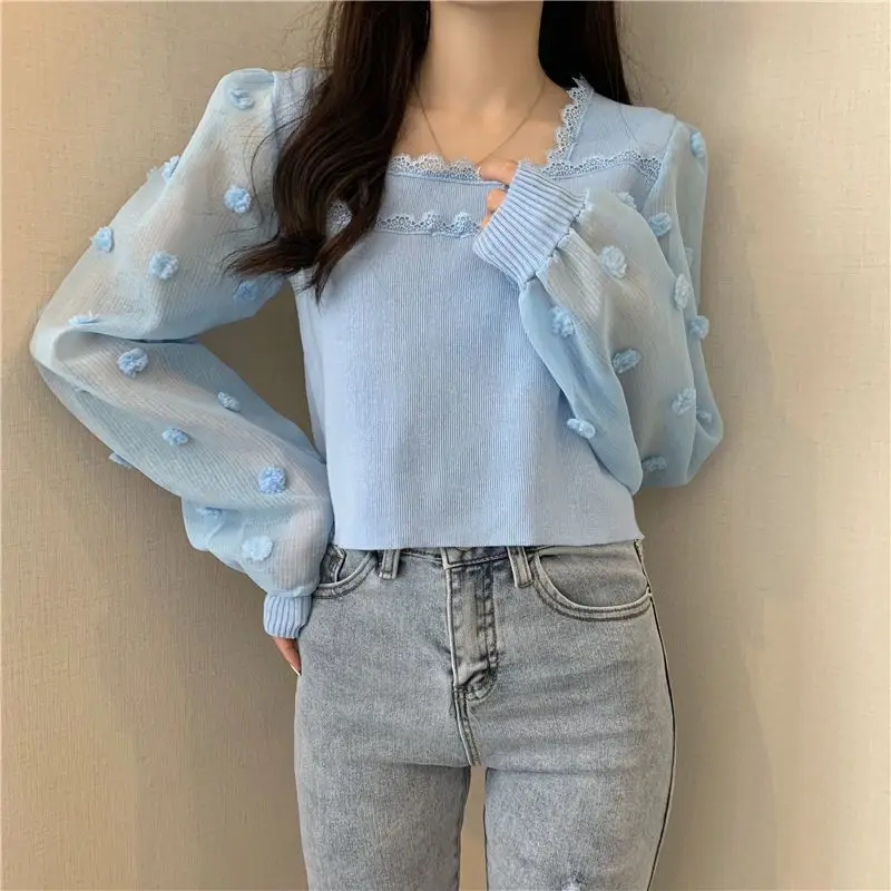 Fashion Gauze Decoration Spliced Lace Blouses Female clothing 2023 Autumn Winter Loose Korean Tops Solid Color Sweet Shirts