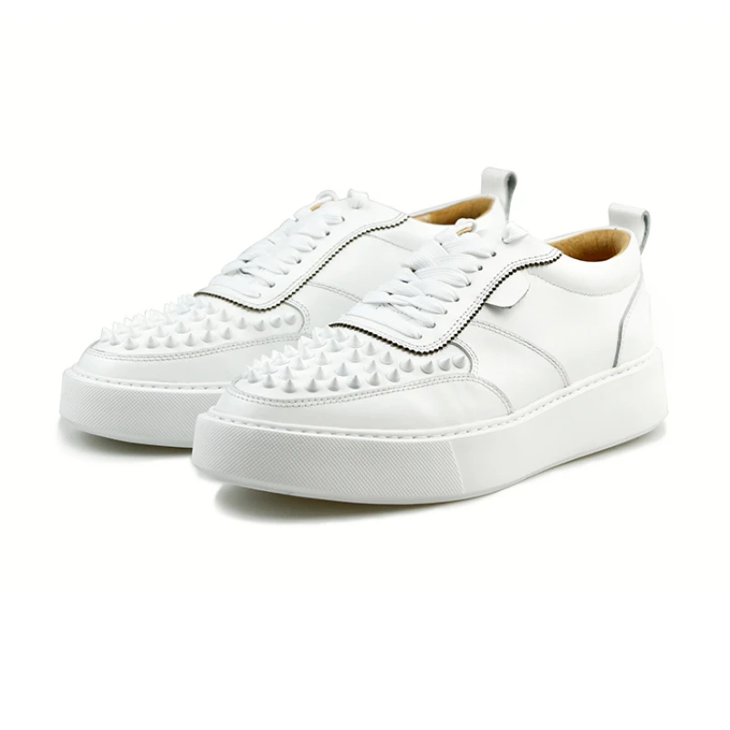 

Rivet Small White Shoes Fashion Daily Sports Casual Men's Thick Sole Hand Sewn Cowhide Shoes Street Trend Sneakers Couple Unisex