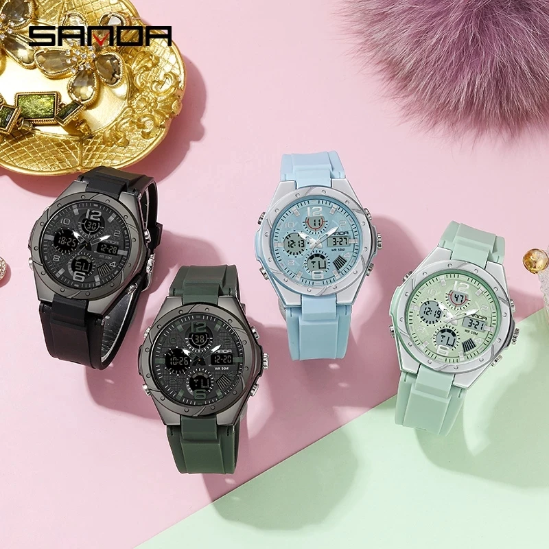 SANDA Sports Women Watches Fashion Casual Waterproof LED Digital Watch Female Wristwatches For Women Clock Relogio Feminino 6062