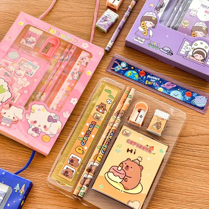 Charming Cartoon Stationery Gift Set - Includes Pen, Notebook, Eraser, Pencil Sharpener, and Ruler