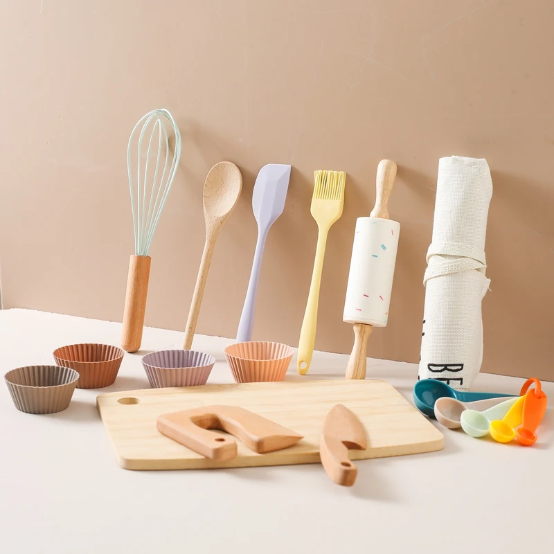 Montessori Kids Play Kitchen Set Pretend Play Cooking Toys Set Kitchen Toys Playset For Toddlers Cutting Board Apron for Kids 4