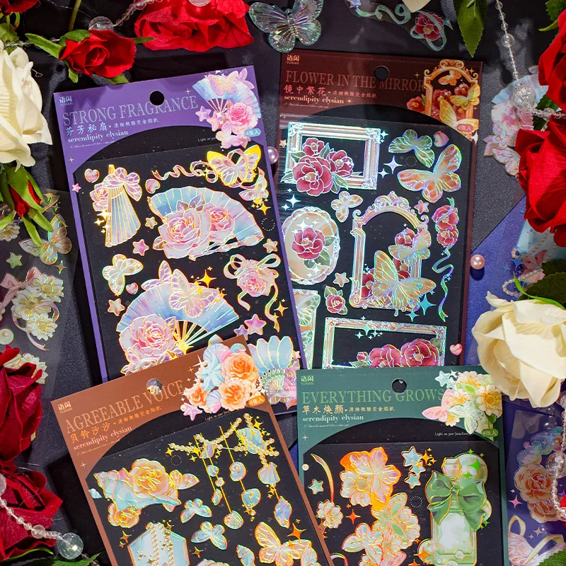 

4Sheet PET gold stickers light retro Bronzing silver floral handbook goo card phone case material handmade Scrapbook