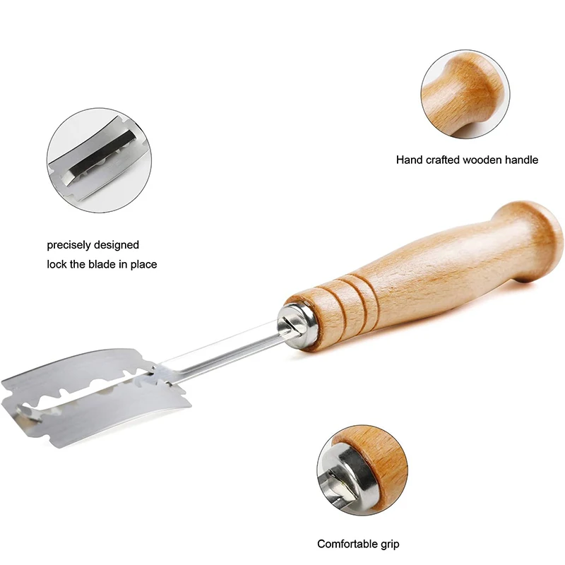LMETJMA Premium Stainless Steel Bread Lame with 5 Replacement Blades Curved Baguette Bread Cutter with Wooden Handle JT172 BEST SELLERS