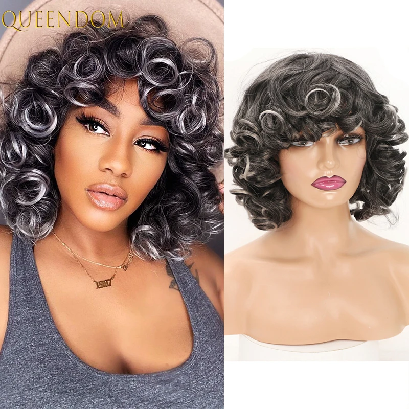 

Ombre Gray Afro Kinky Curly Bob Wig 14" Short Deep Curly Wig for Black Women Natural Synthetic Mixed Brown Curlys Wig with Bangs