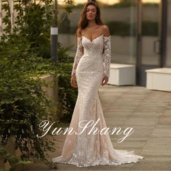 YunShang Sexy V-Neck Wedding Dress Long Sleeve Lace Appliques Beach Mermaid Bride Gown Backless Tulle Sweep Train Robe de mariée