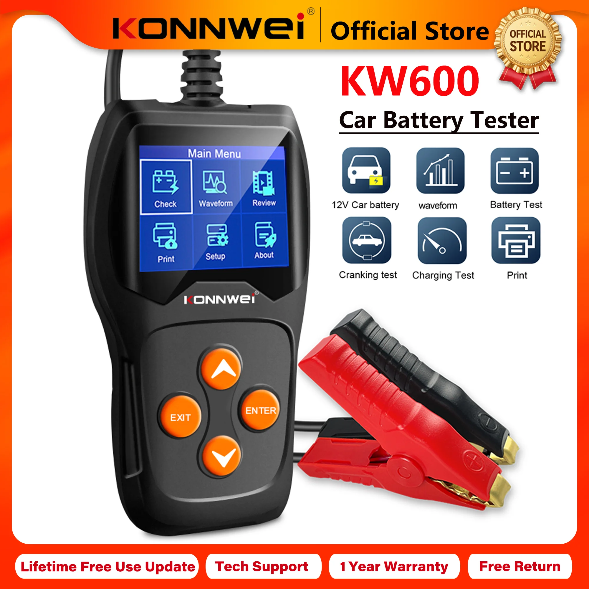 KONNWEI Professional Car Battery Tester KW600, 6V 12V Handheld Battery Health Monitoring and Charging Test Tool 2026