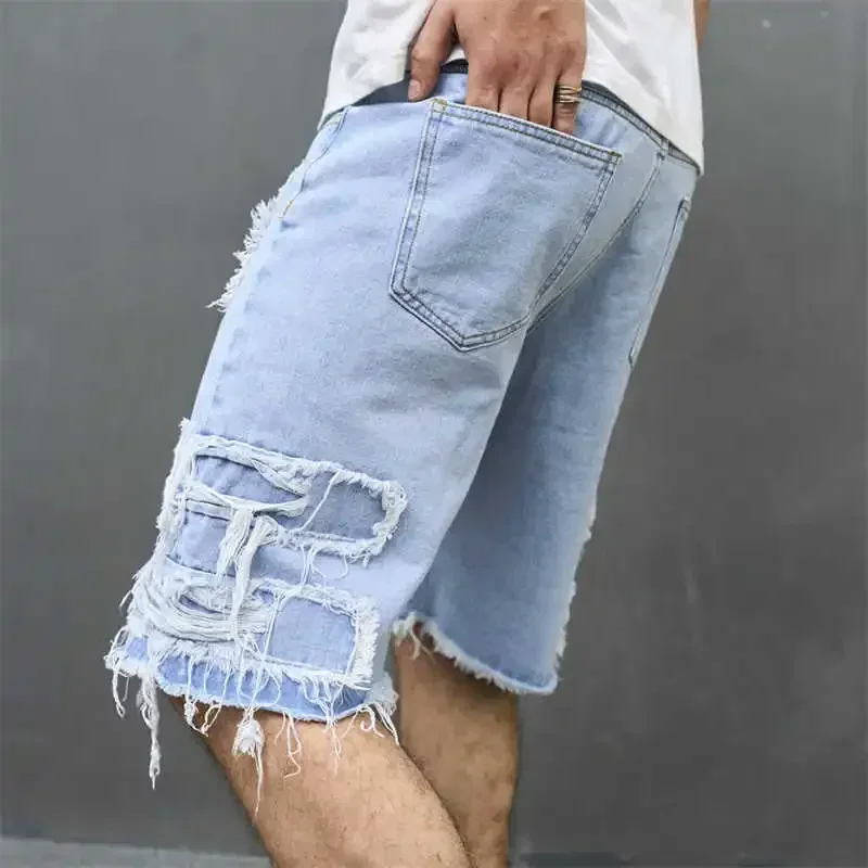 Denim Hole Knee Length Men Washed Jean Mid Waist Spliced Ripped Pockets Loose Fit Distressed Straight Pants Casual Shorts
