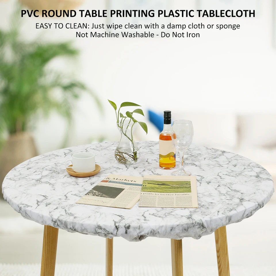 MINGPINHUIUS Tovaglia rotonda in vinile con bordi elastici, tovaglia rotonda in vinile resistente all'olio e impermeabile, lavabile, per interni ed esterni, patio, motivo piante (bianco, 60 cm di