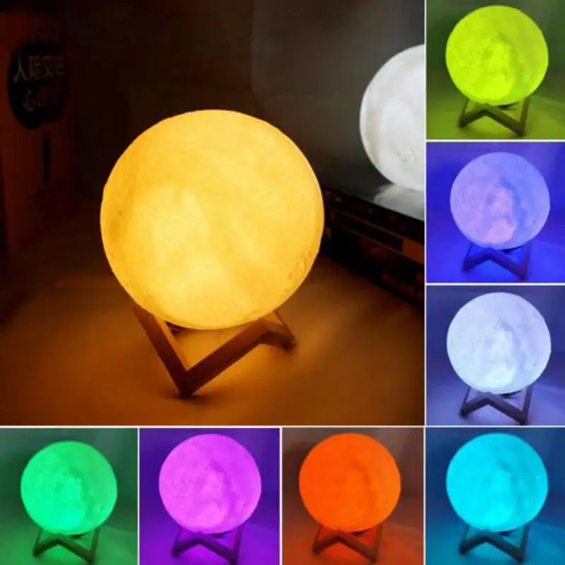LED Night Light 3D Print Moon Lamp 8CM Battery Powered With Stand
