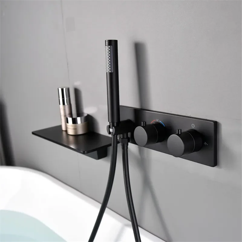 Description Picture 5 of itemBrushed Gold Thermostat Bathtub Shower Faucet Set Brass Hot & Cold Mixer Tap With Handheld In-Wall Waterfall Type Gun Gray/Black