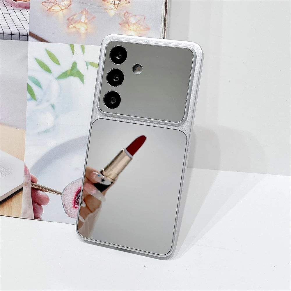 Luxury Silver Makeup Mirror Phone Case with Large Window and Anti-Drop Protection