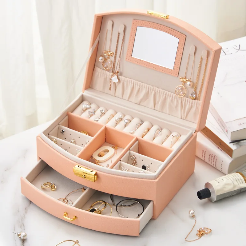 New 2/3 Layers Portable PU Jewelry Organizer Display Travel Jewelry Case Boxes Button Leather Box Storage Zipper Jewelers Joyero