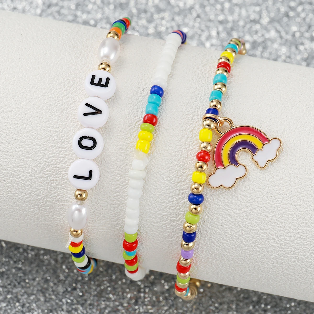 4PCS/Set Women's Watch Casual Nylon Band Analog Quartz Watches Love Beads Bracelets Set 6