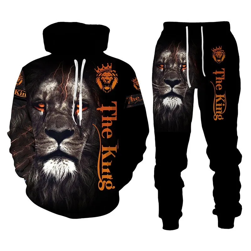 European and American Autumn and Winter Men's Hoodie Guard Pants Set Casual Sports Set Large Animal Lion 3D Printing Hoodie