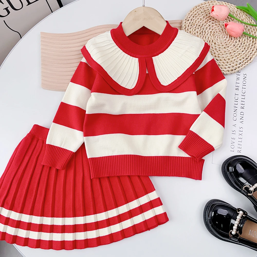 

Menoea Girls Sweater Sets 2023 Autumn/Winter New Girls Long Sleeve Lapel Striped Knit Top + Pleated Skirt Children's Sets