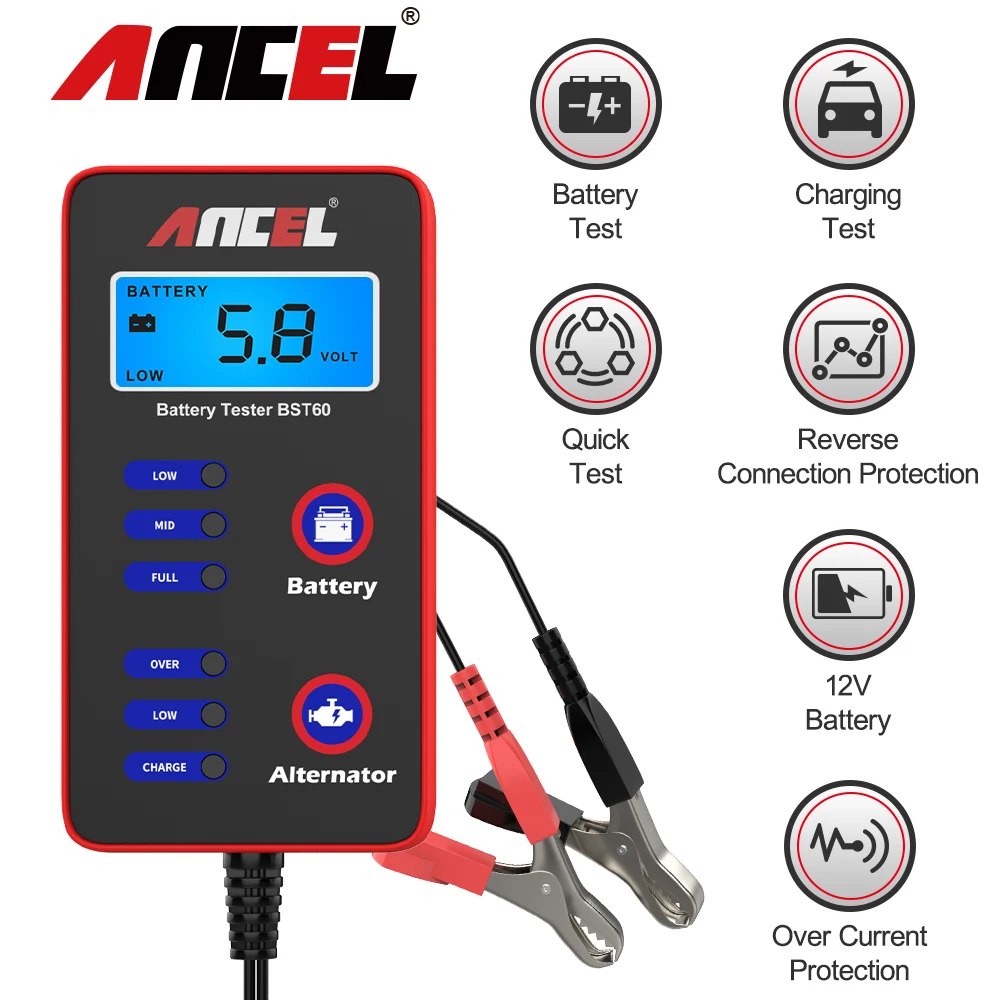 12V Digital Car Battery Tester ANCEL BST60 Quick Tester Alternator Charging with cigarette lighter adapter Car Battery Test Tool