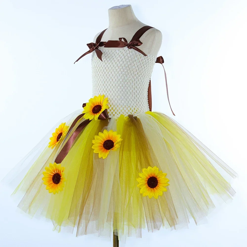 Sunflowers Fairy Princess Dresses with Butterfly Wings Wand Hairbow Girls Birthday Hallloween Costumes for Kids New Years Outfit