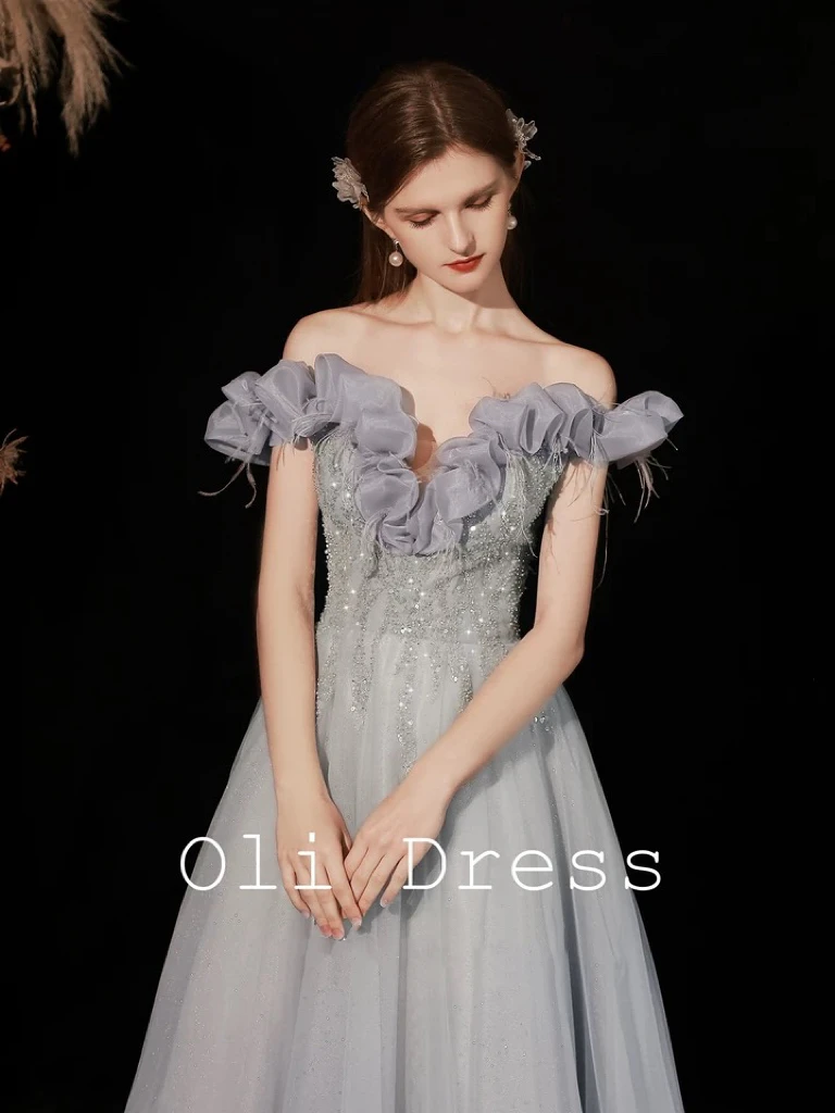 

Blue Gray Prom Dress Off Shoulder Feather Shiny Sequined A Line Wedding Party Celebrity Strapless Evening Gowns Formal Plus Size