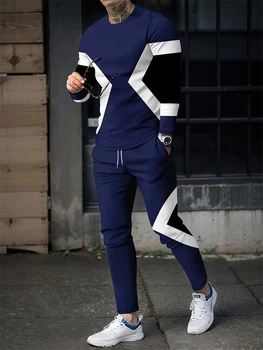 Autunno Splicing 3D stampato tuta sportiva da uomo manica lunga T-Shirt pantaloni due pezzi traspirante Pullover oversize abbigliamento uomo 1
