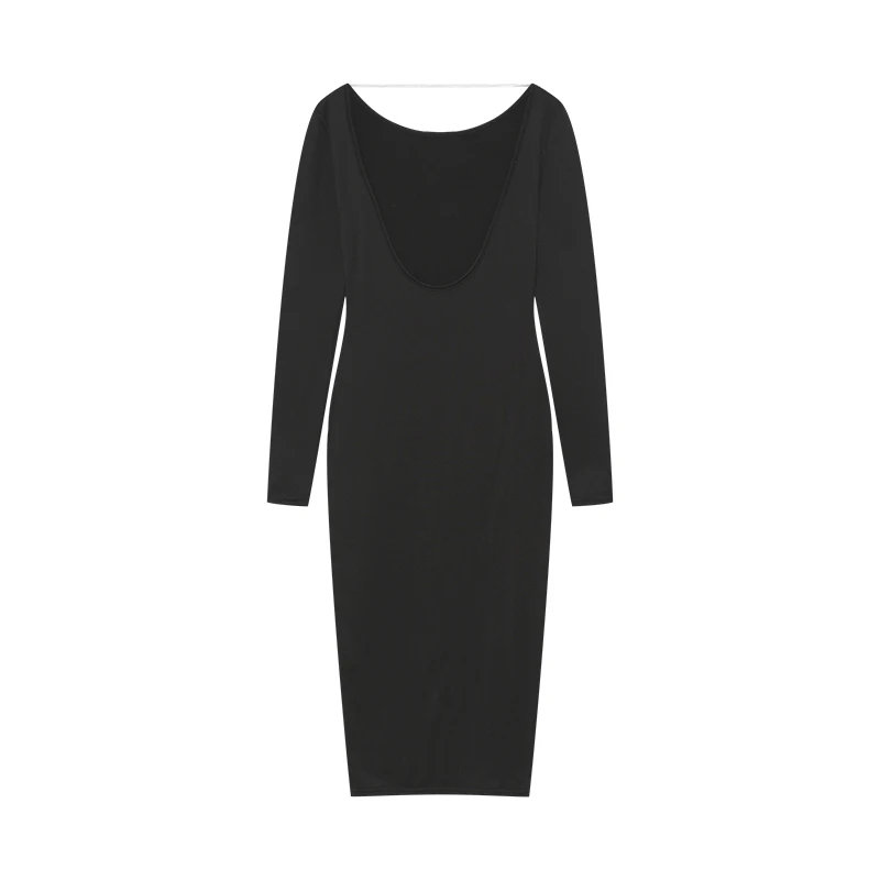 Sommer neues sexy rücken freies Rundhals-Langarm kleid mit einfarbigem, eng anliegendem Gesäß für Frauen – Detail 5