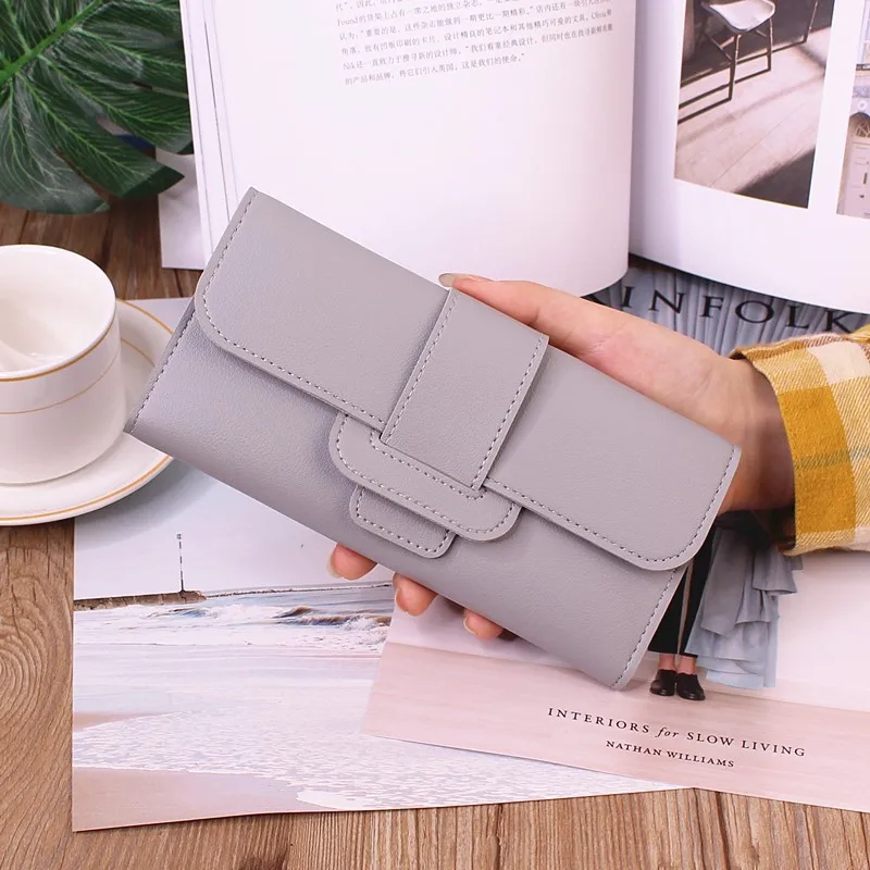 

PU Leather Women Wallets Luxury Long Hasp Fold-over Pattern Coin Purses Female Solid Colors New Thin Clutch Phone Bag