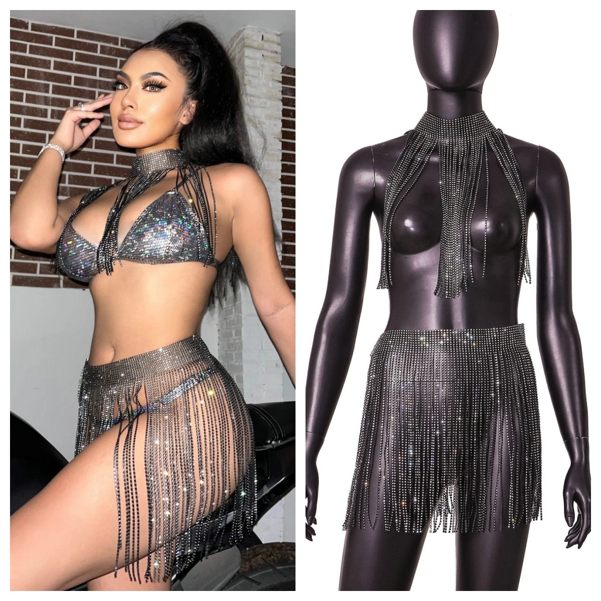 

Glitter Tassel Skirt Two Piece Set Women Outfits Rhinestone Night Club Party Wear Rave Festival Sexy Lace Up Body Chain Suits