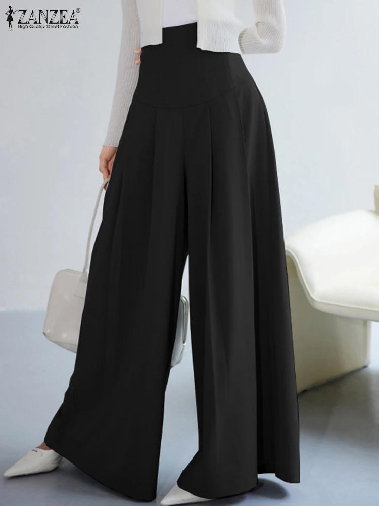 

ZANZEA Elegant Women Pants Fashion Wide Leg Pants Casual Loose High Waist Long Trousers 2023 Autumn Solid Pleating Thin Pantalon