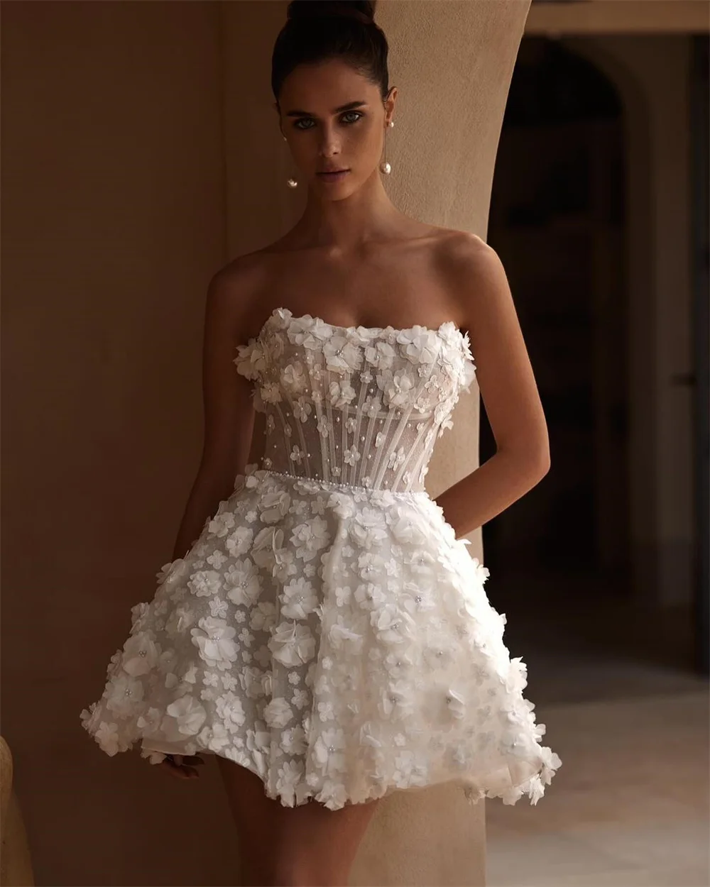 Wedding Dresses Customize Mini 3D Flowers With Pearls Wedding Dress Detachable Puffy Sleeve And Train vestidos de novia A-line After Party