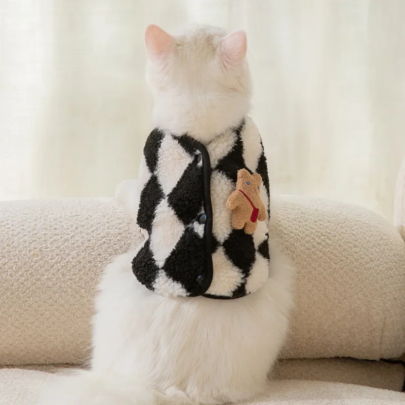 다이아몬드 모양 그리드 고양이 따뜻한 양털 조끼 가디건, 중소형 강아지 애완견 옷, 가을 및 겨울