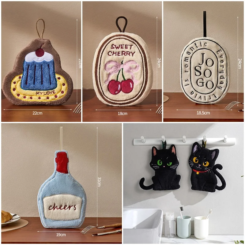 Cartoon Black Cat Hand Towel Absorbent Hand Cloth Bathroom Hanging Towel Cleaning Wipe Cloth Handkerchief for Kitchen 주방수건

