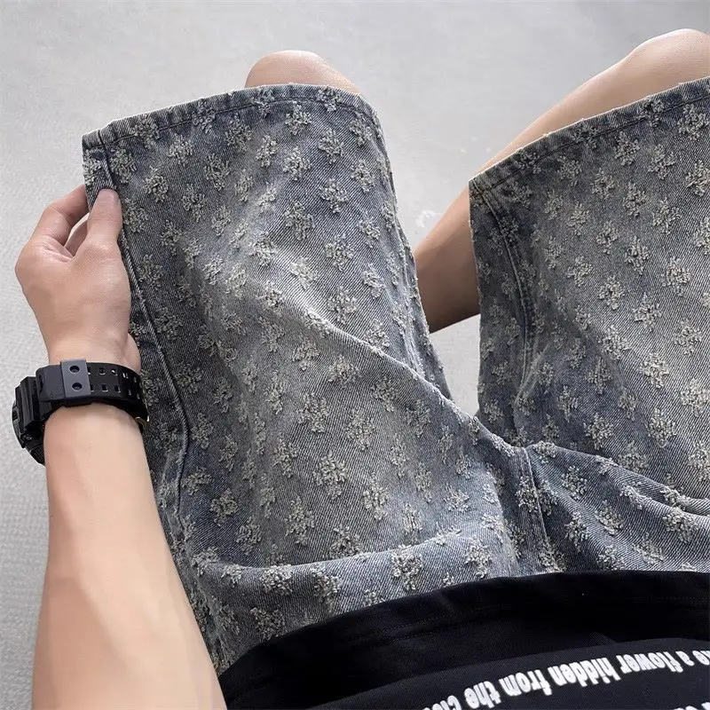 American retro fashion design ripped denim shorts for men summer trendy high street fashion retro mid-pants