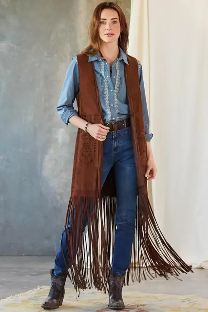 Vintage Fransen Weste Frauen Herbst Faux Wildleder Quaste lange