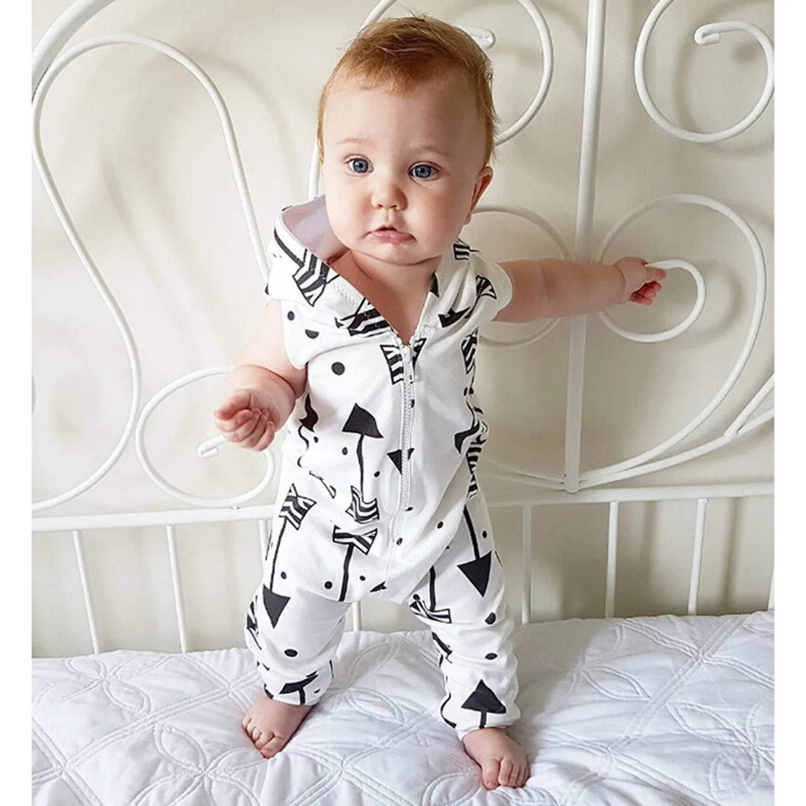 Infant Kids Baby Boys Printed Hooded Romper Jumpsuit Outfit Clothes Set