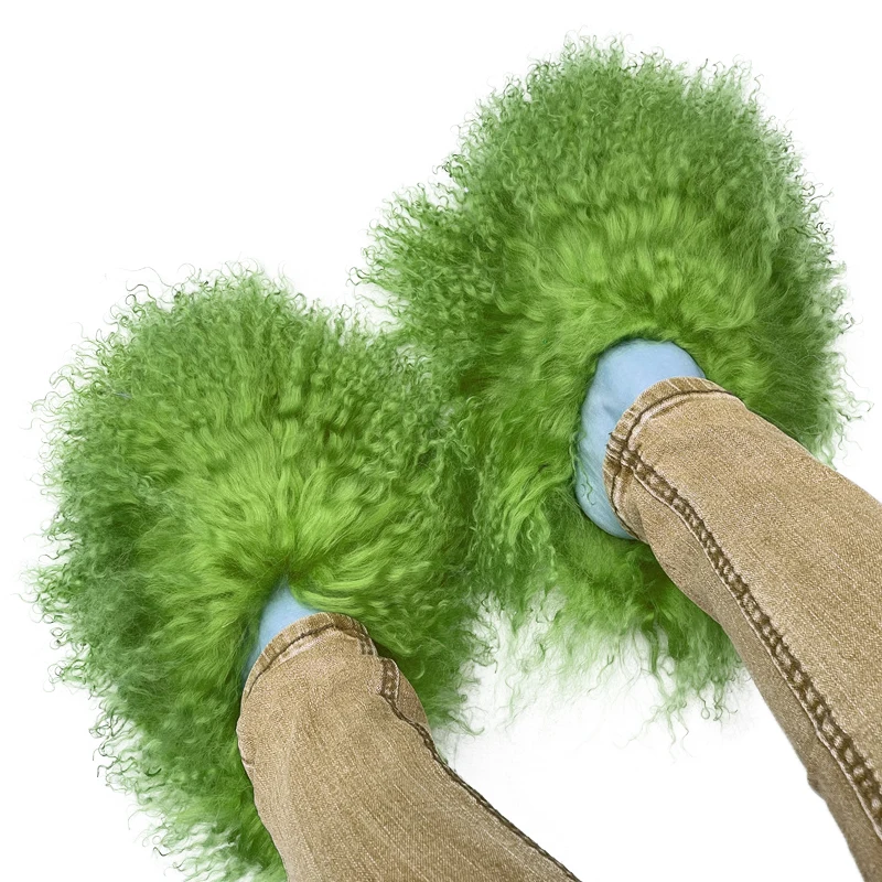 

2022 Fluffy Fur Furry Slippers Women Thick Home Winter Warm Plush Non-Slip Outdoor Indoor Curly Mongolian Fur Flip Flops