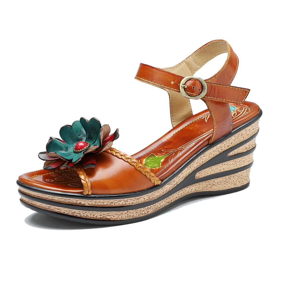 

New Genuine Leather Hand-Painted Ladies Wedges Shoes Pumps Retro Buckle Straps Flower Casual High Slope Heels Sandals For Summer