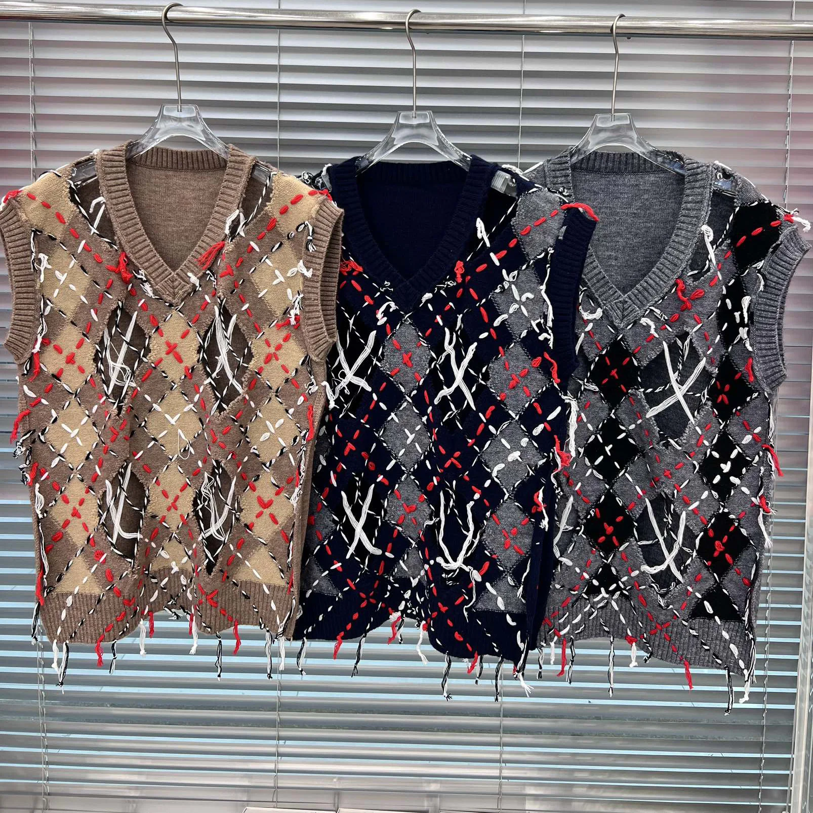 

spring hollow out tassel knitted sweater vest for women V-neck loose pullover brown color sleeveless jumper